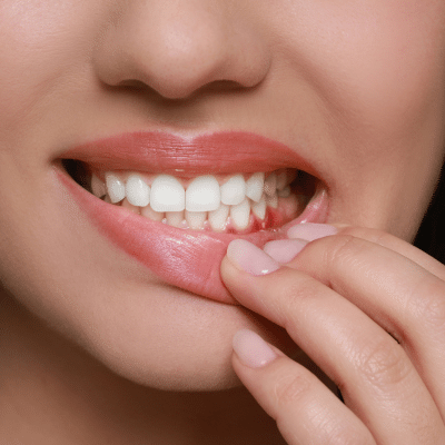 Woman holding gums down, showing teeth